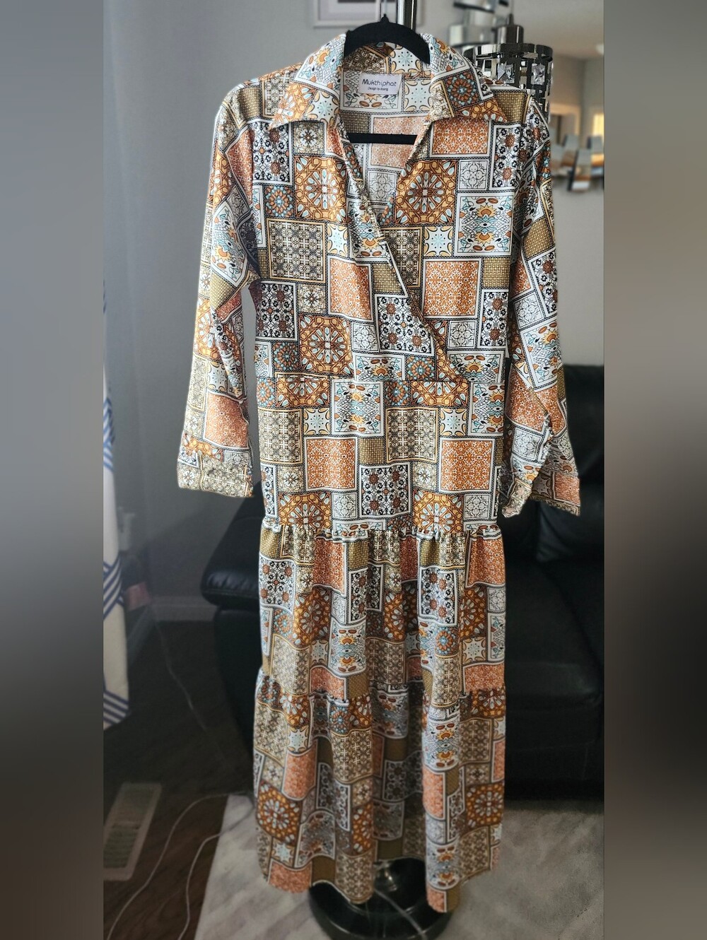 Boho Tile Print Midi Dress in Brown and Cream